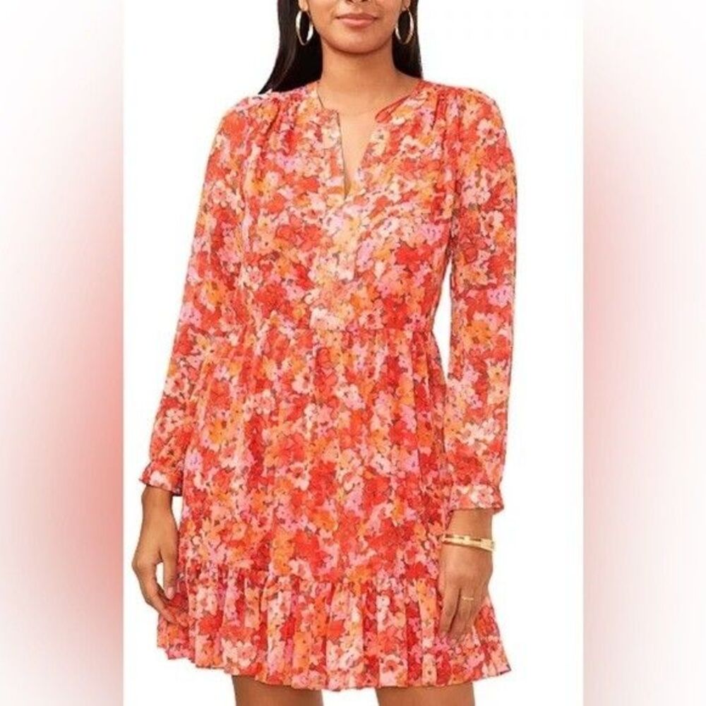 Vince Camuto Floral Fit & Flare Mini Dress Womens Medium Orange Red Long Sleeve